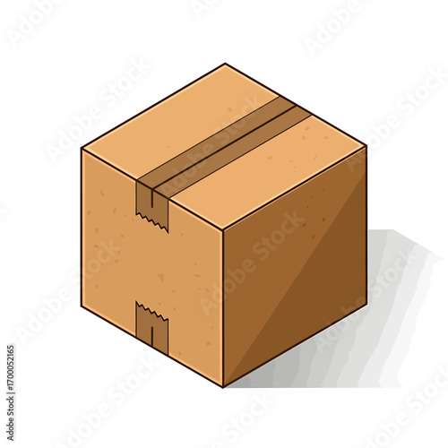 A closed, square cardboard box with brown tape, shown in isometric perspective.