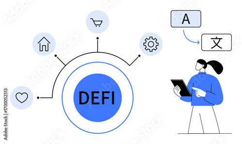 DEFI hub with icons for home, shopping, heart, and settings connected by circular links. Woman holding tablet exploring multilingual communication. Ideal for technology, finance, concepts, apps