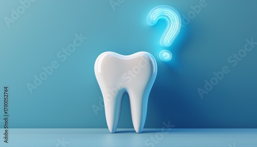 minimal 3d render of a tooth leaning against a glowing question mark dental faq concept pastel blue background
