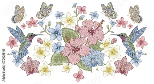 Hand-drawn vintage illustration featuring two hummingbirds and butterflies hovering over a beautiful bouquet of tropical hibiscus and plumeria flowers
