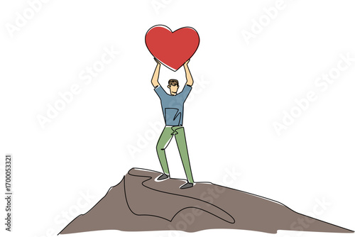 A single line drawing of a young man lifting a heart high while standing on a winding mountain path, representing victorious love for Love Conquers All Day in a relationship and achievement concept.