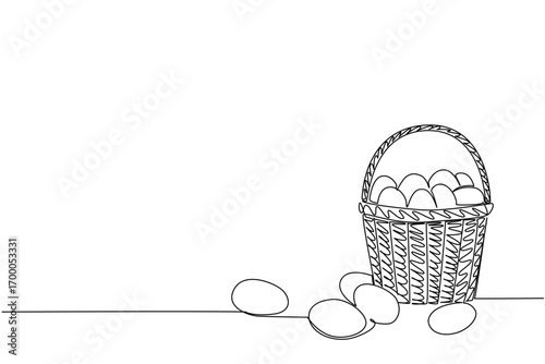 Continuous line drawing of a woven basket with eggs spilling out, celebrating National Egg Day in a nature concept with food theme, expressing abundance, freshness, and farm life.