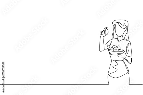 Continuous line drawing of a woman holding an egg and a basket full of eggs, celebrating National Egg Day in a health concept with food theme, emphasizing nutrition, care, and freshness.