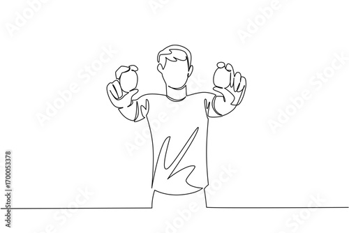 Single line drawing of a man holding two high protein eggs, marking National Egg Day in a health concept with food theme, focusing on freshness, protein-rich nutrition, and sustainable living.
