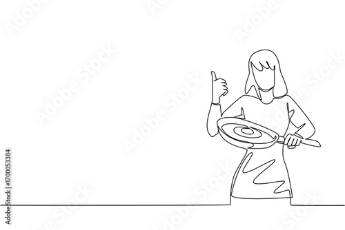 Continuous line draw of a woman cooking high protein omega eggs in a pan, celebrating National Egg Day in a culinary concept with food theme, promoting healthy eating, freshness, and daily nutrition.