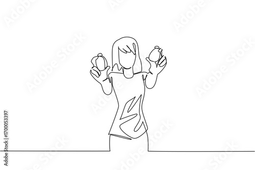Continuous line drawing of a woman holding two healthy omega eggs, celebrating National Egg Day in a nature concept with food theme, representing abundance, freshness, and wholesome nutrition.