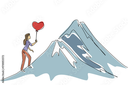 A single line drawing of a woman hiking a snowy mountain with a heart balloon, symbolizing resilience and commitment for Love Conquers All Day in a relationship and perseverance concept.