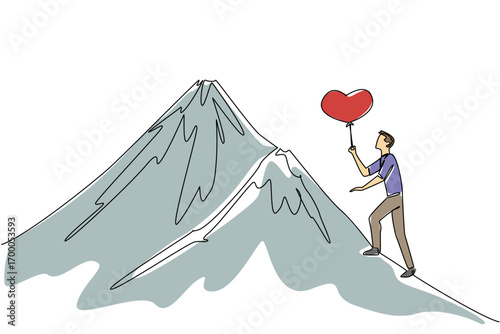 A continuous line drawing of a young man climbing a snowy peak while holding a heart balloon, illustrating love’s journey and hope for Love Conquers All Day in a relationship and adventure concept.