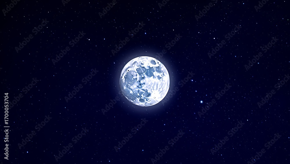 Fototapeta premium Bright full moon in clear night sky with glowing halo and countless stars, cosmic astronomy background