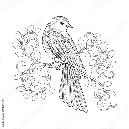 Bird on Decorative Branch with Mandala and Floral Patterns – Black and White Line Art Coloring Page Illustration