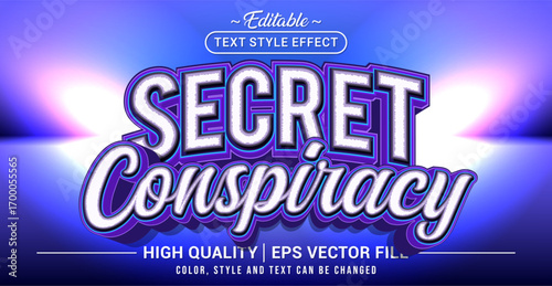 Editable text effect vector “Secret Conspiracy” with mysterious dark vibe, and dramatic contrast. Suitable for thriller, game, movie, or event themes.
