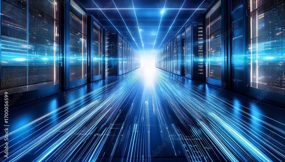 Obraz premium futuristic data center with blue light trails showcasing high speed data transfer and advanced technology infrastructure for cloud computing and artificial intelligence