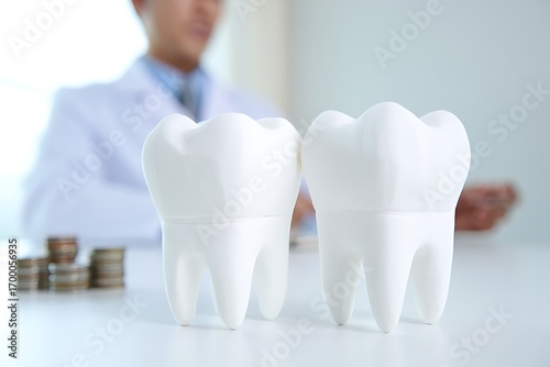 Bright dental tooth models with coins and blurred dentist in lab coat. Concept of dental care, finance, insurance, treatment, health, medicine, and professional healthcare services.