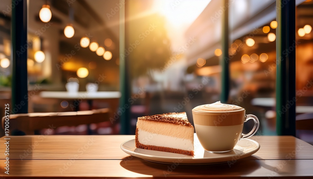 Fototapeta premium a cozy cafe scene with a latte and a slice of cake on a table ample copy space on the right side