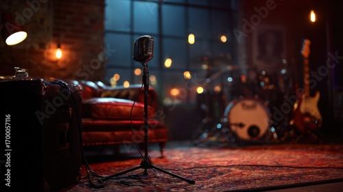 A vintage microphone stands ready on a dimly lit stage