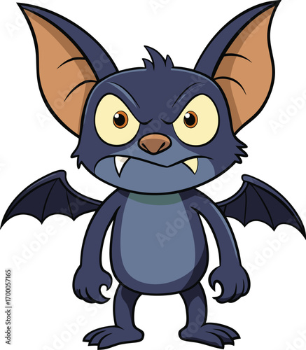 Happy cartoon bat with big eyes and sharp teeth