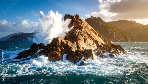 Dramatic waves crashing against a rocky outcrop