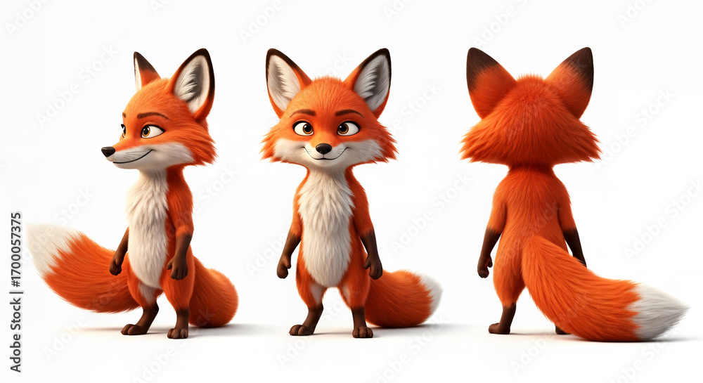 Fototapeta premium Three charming cartoon foxes in different poses side view, front view, and back view, isolated on white background