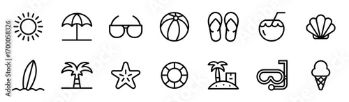 Summer and Beach Line Icon Set Representing Vacation and Tropical Elements