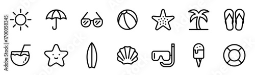 Minimal Outline Icons Collection of Beach Holiday and Travel Essentials