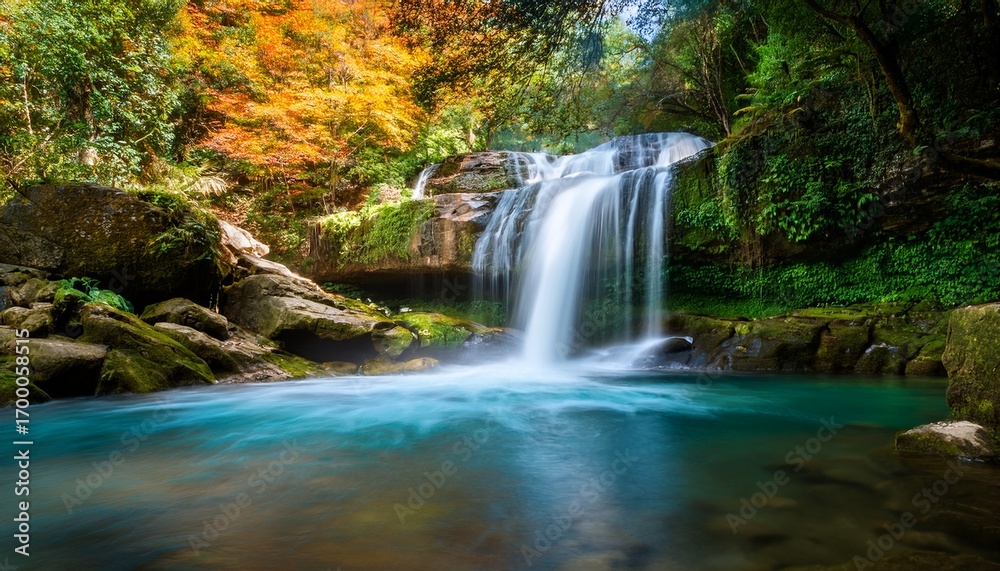 Naklejka premium waterfall with crystal clear water flowing over rocks surrounded by lush greenery and colorful foliage scenery river waterfall background