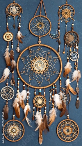 Dreamcatchers hanging on a dark blue wall