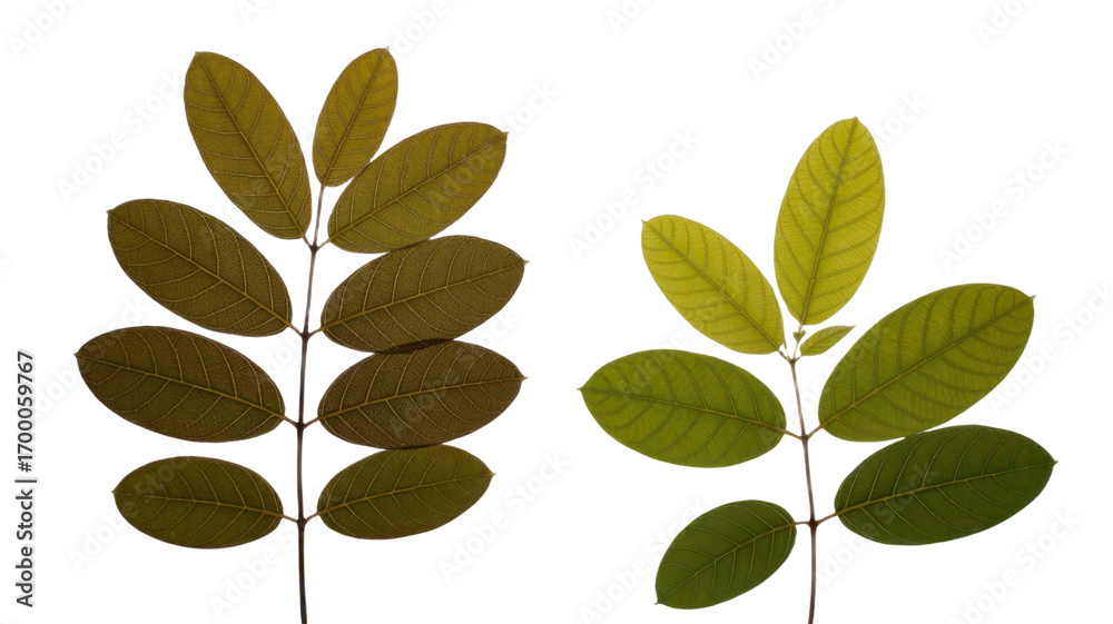 Naklejka premium Two green leaves branch sprig foliage botany nature plant isolated white background