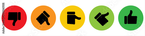 Set of colourful hand gesture icons including thumbs up, thumbs down, and neutral signs in circles. Perfect for feedback, ratings, approvals, user reviews, and reaction graphics. Icons, vector.