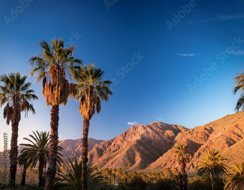 palm trees silhouette against coachella valley mountains lush green landscape botanical mountains