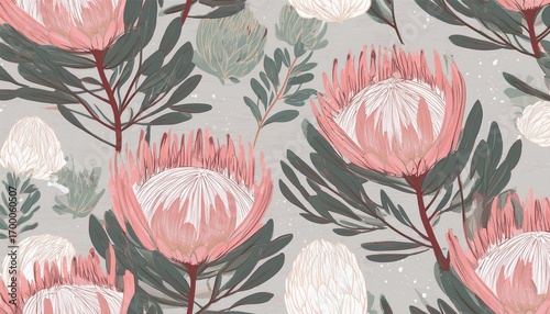 seamless pattern featuring protea flowers in soft pastel tones on textured background summer