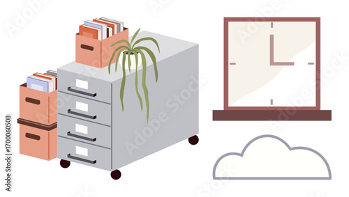 File drawers with documents, desk plant on a cabinet, wall clock near a window, and a minimal cloud. Ideal for organization, productivity, time management, workspace setup, modern office creativity