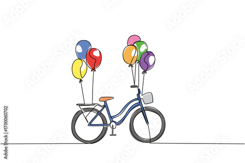One line drawing of a bicycle with colorful balloons attached, celebration concept, joyful theme for World Bicycle Day, minimalist style representing happiness and fun cycling moments.