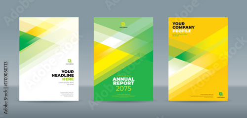 Modern business A4 book cover template with abstract geometric design for annual reports, brochures, and company profiles, featuring dynamic green, yellow, and white intersecting shapes