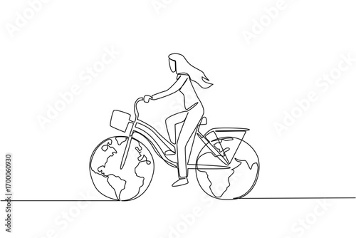 A single line drawing of a woman cycling on a bicycle with Earth shaped wheels, symbolizing sustainability, global unity, and the health benefits celebrated on World Bicycle Day.