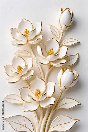 A surreal, simple 3d artwork of Decorative magnolia illustration with golden outlines, luxury floral design, white base