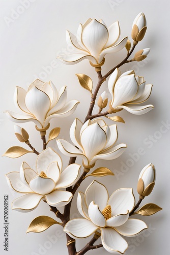A surreal, simple 3d artwork of Decorative magnolia illustration with golden outlines, luxury floral design, white base
