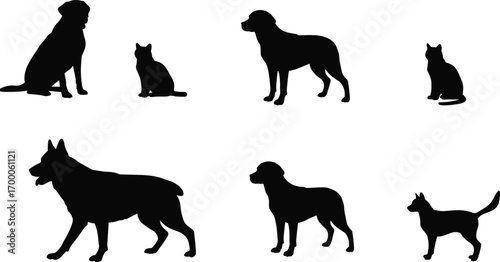 Silhouettes of Dogs and Cats in Various Poses for Pet Vector Art, Animal Graphic Design, and Veterinary Illustration Projects