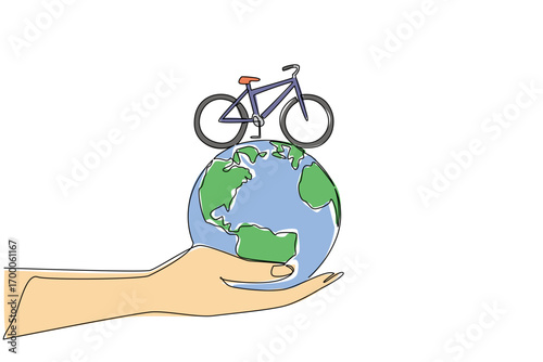 One line drawing of a bicycle on top of a globe held by a hand, nature concept, eco-friendly theme for World Bicycle Day, minimalist style symbolizing planet care through cycling.