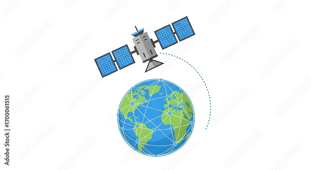 Fototapeta premium Global communication network connection established by orbiting satellite transmitting data across interconnected continents for worldwide connectivity and digital expansion