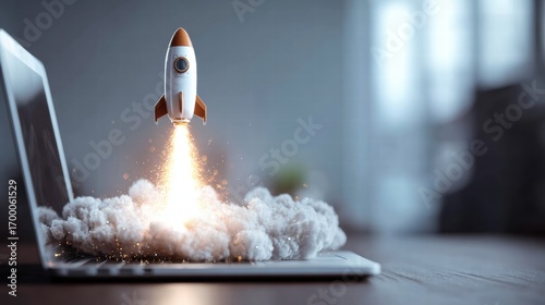 Launching Space Rocket From Laptop Screen. Generative AI web, business, cyberspace, rocket, technology, up, start