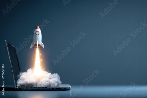 Launching Space Rocket From Laptop Screen. Generative AI rocket, start, up, business, technology, web, cyberspace