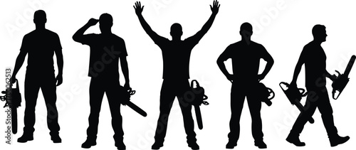 Silhouettes of Men Holding Chainsaws in Different Poses, Vector Illustration for Lumberjack, Worker, Construction, Tools, and Safety Concept Design