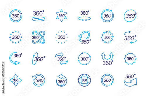 360 degrees blue icon collection. 360 degrees views symbol. Rotating arrow sign. Different modern style forms. Editable stroke. Flat design. Vector illustration. Isolated on a white background.