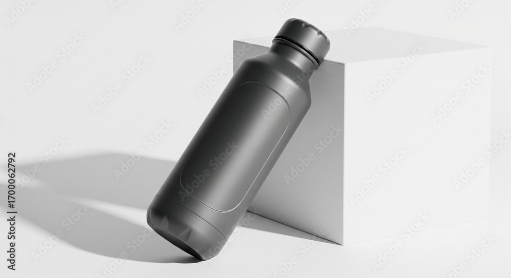 Fototapeta premium Black reusable water bottle resting against a white cube in a minimalist studio setting, promoting sustainability and healthy hydration habits.