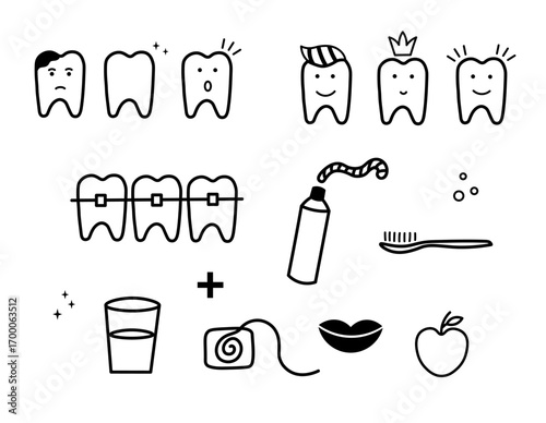 Teeth vector set with different dental problems and their protection. Doodle with caries, braces, toothpaste, crown, smile, sick and healthy teeth. Design for dentist clinic, brochure, booklet
