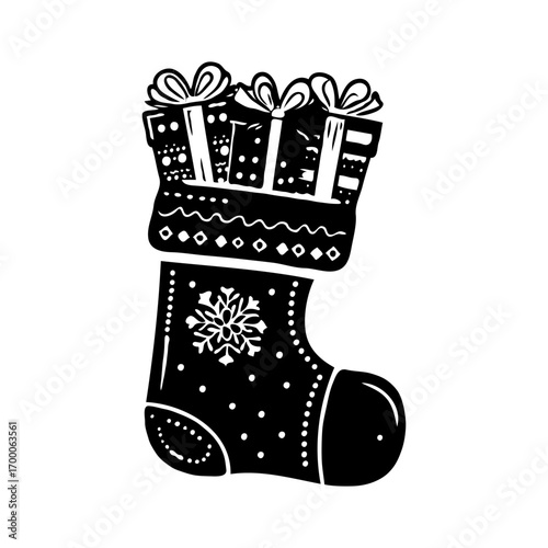 Festive Christmas stocking filled with wrapped presents in black silhouette style on a plain white background, symbolizing holiday cheer