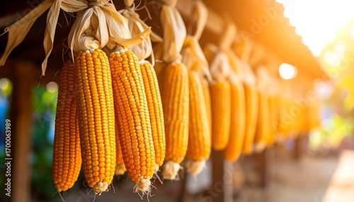 Dried corn cobs hanging in sunlight