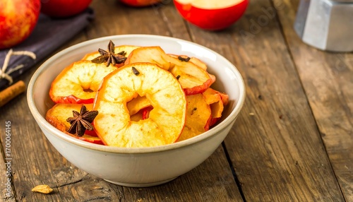 Dried apple slices in a bowl on a wooden table