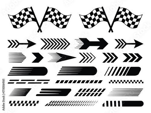 Racing Car Stripes Vector Set – Checkered Flag, Finish Line, Dynamic Lines, Motorsport, Automotive Competition, Speed Graphics, Racing Track, Car Design, Racing Elements, Vehicle Illustration, Motorsp