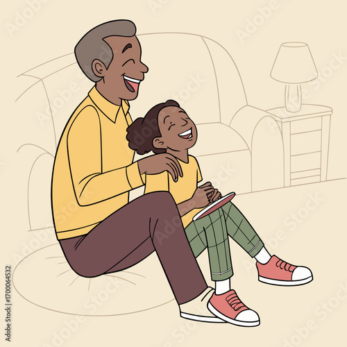 Vector art of a heartwarming scene of a grandfather and granddaughter sharing a joyful moment together, laughing and bonding in a cozy living room, creating cherished memories